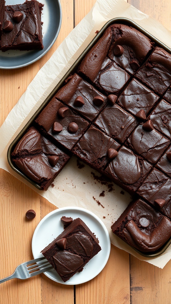 Fudgy brownies cut into squares on a wooden table with chocolate chips on top.